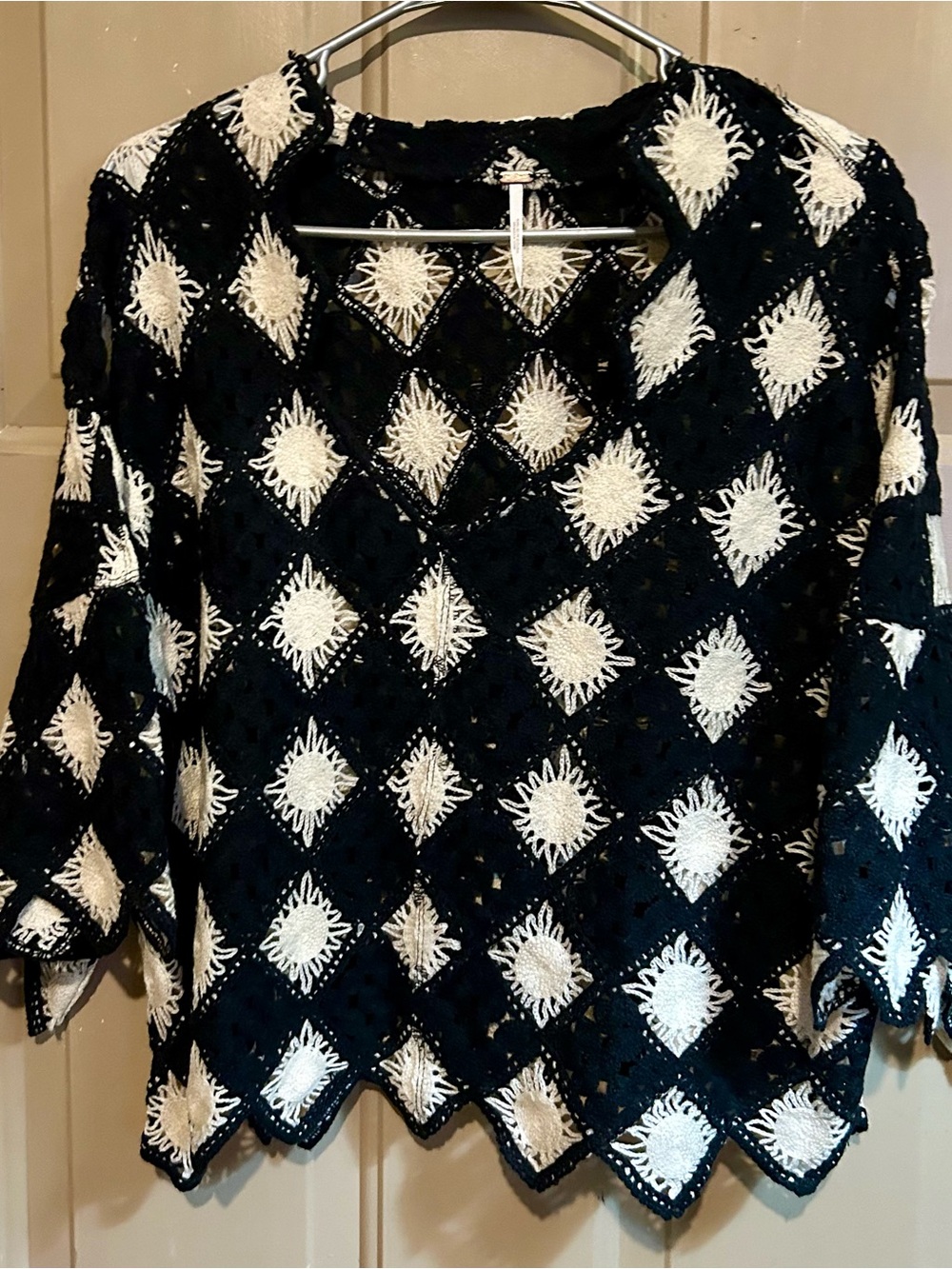 Free People Black Crochet Diamond Knit Tunic with White Accents